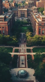 Photorealistic aerial quad view with neoclassical academic axis.
