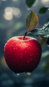 Photorealistic close-up of dew-covered red apple on branch.