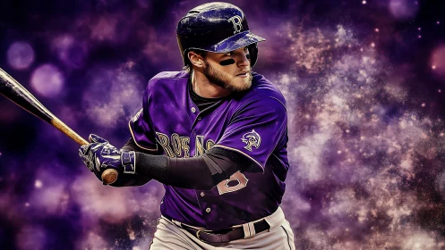 Baseball player in purple uniform preparing to bat at plate.
