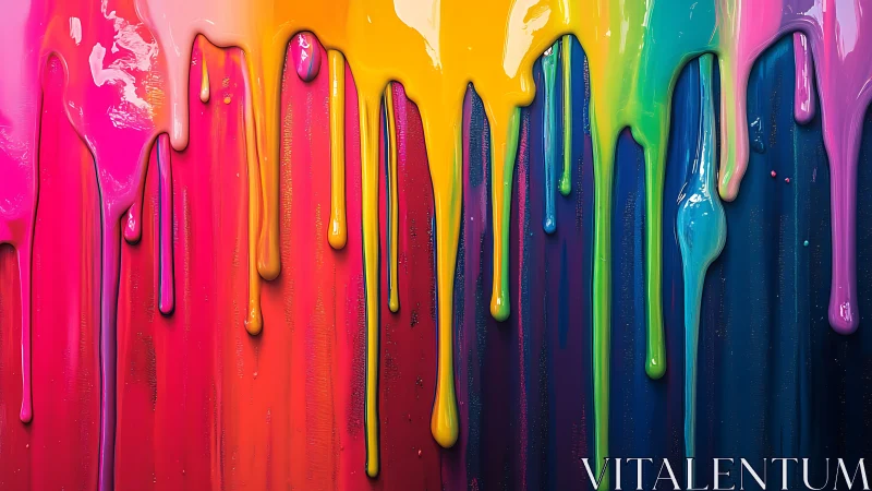 High-viscosity rainbow acrylic paint drips across textured panel