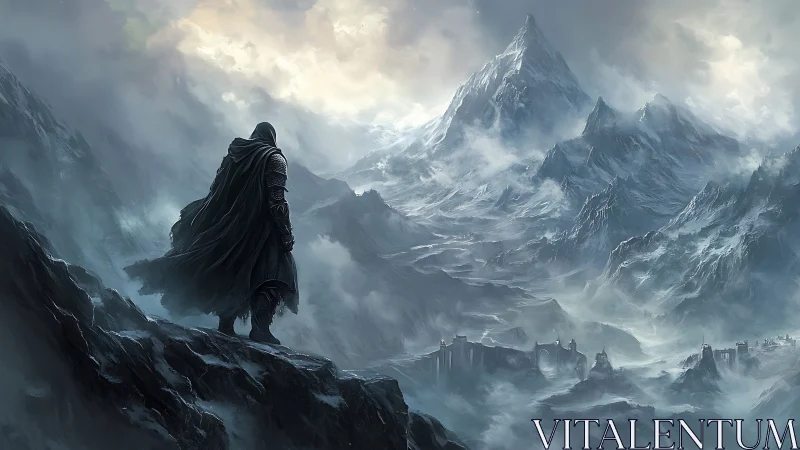 Cloaked wanderer surveys a frozen kingdom beneath stormy peaks