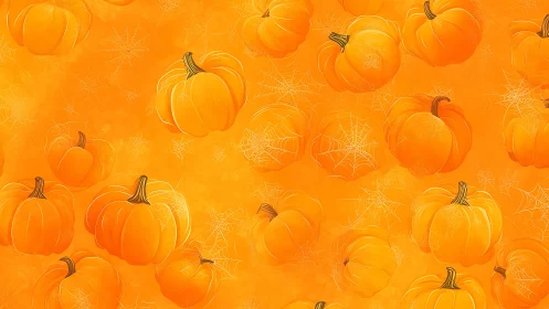 Pumpkin pattern over orange background with cobweb accents.