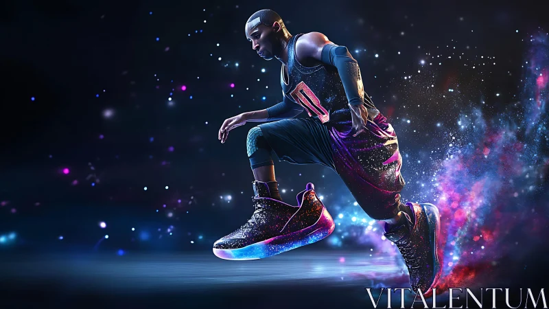 Basketball player in motion with luminous cosmic sneakers.