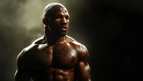 Athletic male portrait with muscular physique and professional studio lighting.