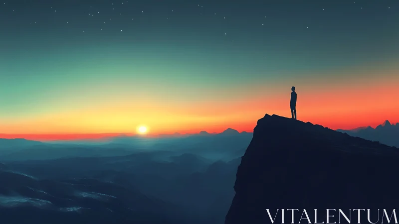 Silhouette watches mountain sunrise over misty valley