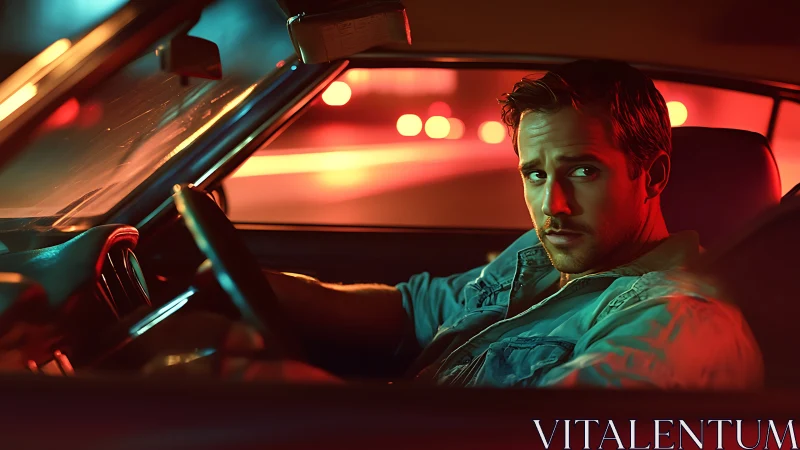 Cinematic driver in teal-orange night car interior portrait.