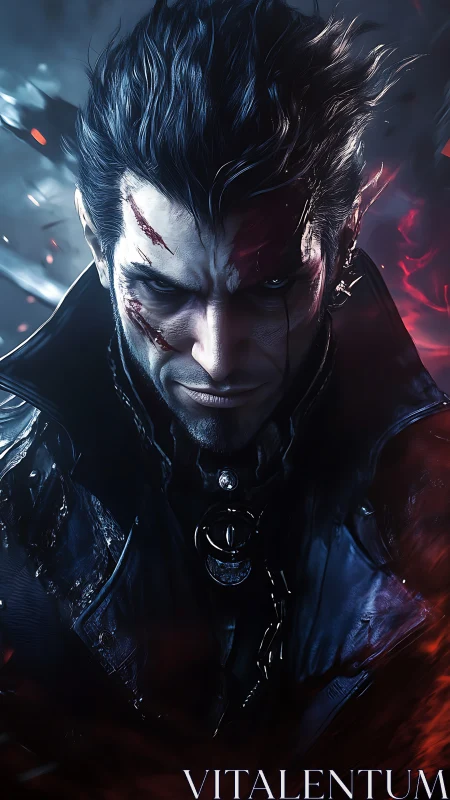 Scarred duskblade antihero framed in stormlit embers.