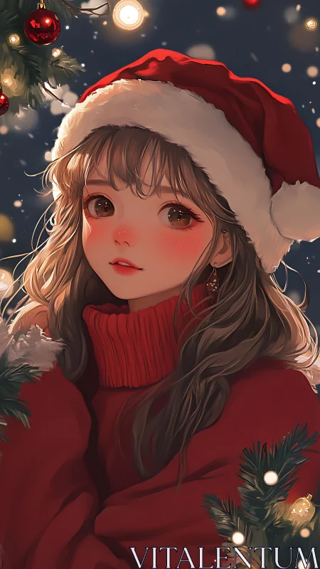 Warm Christmas portrait of anime girl in red Santa hat