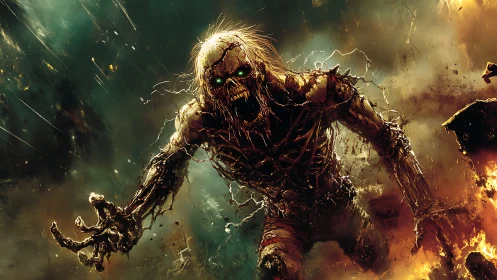 Undead creature lunges through inferno with corroded skeletal frame.