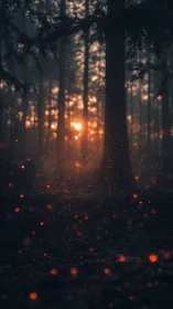 Mystical Forest Sunset with Glowing Ember Particles