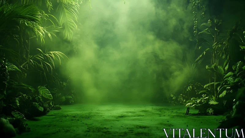 Dense jungle clearing filled with vivid green mist.