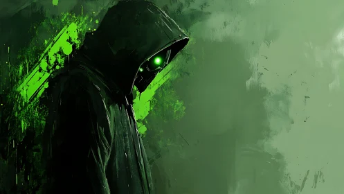 Neon hooded phantom studies the city from emerald shadows