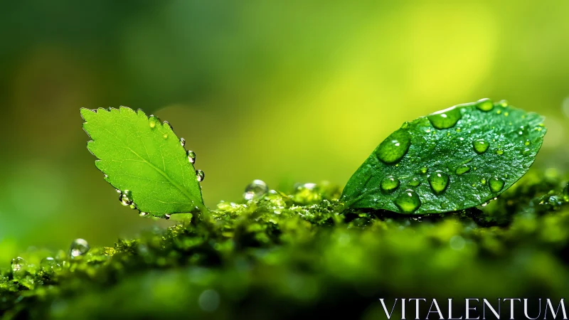 Macro view shows two green leaves with visible water droplets
