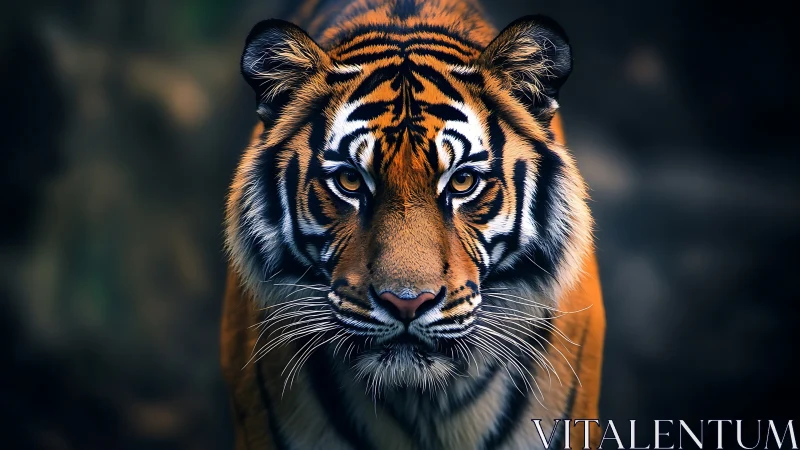 Close frontal portrait of Bengal tiger against dark background.