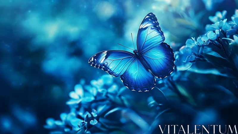 Gentle blue butterfly rests softly in a dreamy moonlit garden