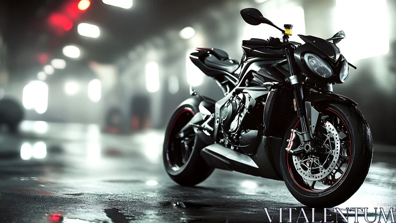 High-performance naked sport motorcycle in cinematic wet garage