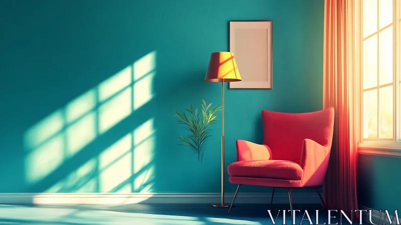 Sunlit coral armchair welcomes calm in a teal cozy corner