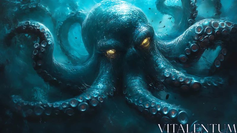 Mysterious deep sea guardian with glowing golden eyes.