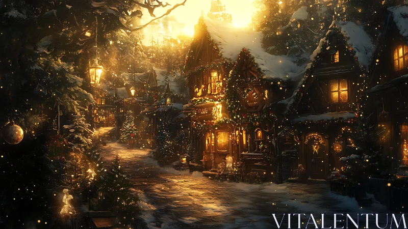 Snow covered village street glows with warm festive lights