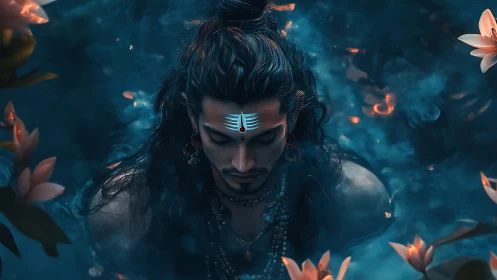 Meditative deity portrait in teal haze with glowing florals.