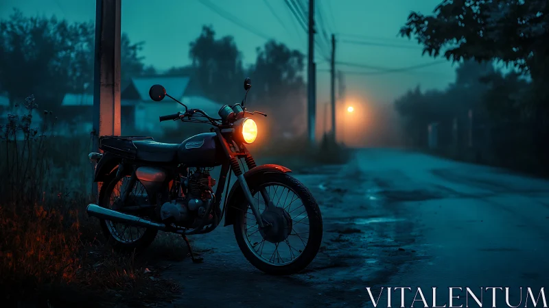Vintage motorcycle under sodium fog light on empty street.