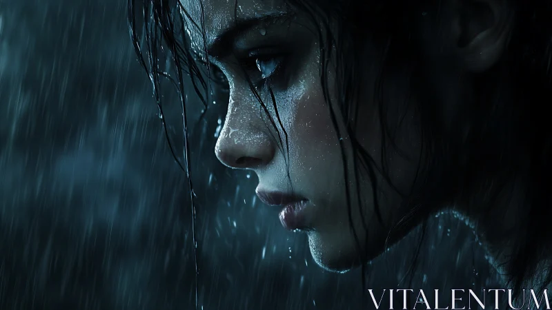 Side-profile young woman stands in heavy rain at night