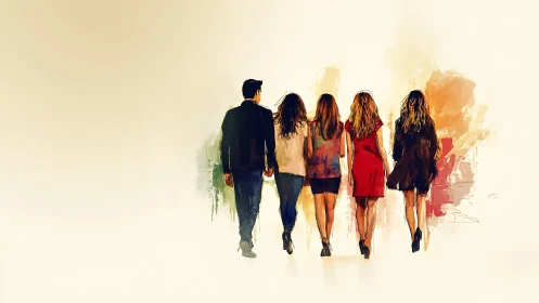 Group of Friends Walking Away, Watercolor Art Style Illustration.