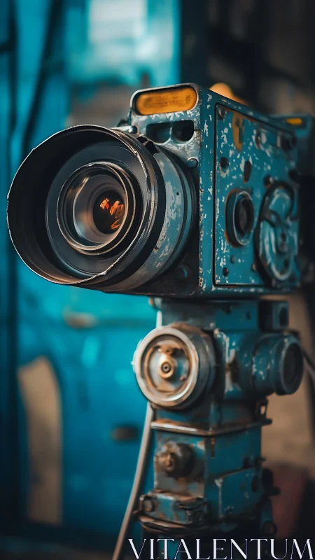 Vintage teal cinema camera on tripod with worn metal housing.