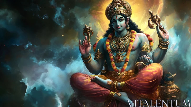 Divine blue-skinned deity seated in radiant cosmic space