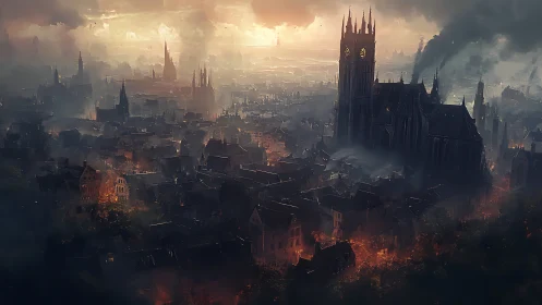 Burning gothic city under smoky sunset sky. Period.
