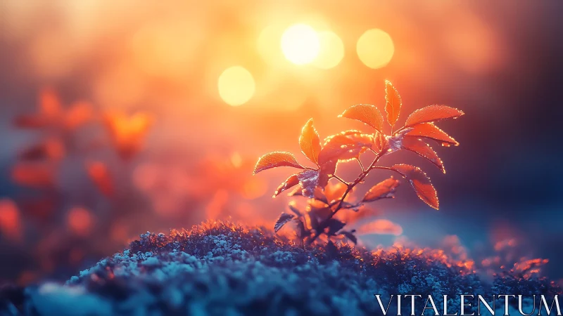 Backlit frosted plant captured in vivid sunset macro light