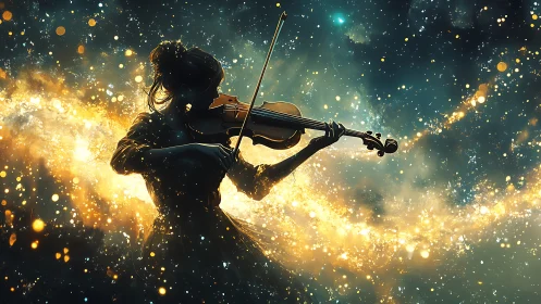Celestial silhouette violinist in luminous particle nebula.