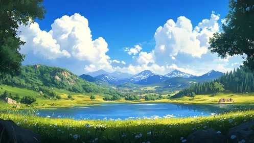 Luminous alpine valley lake under volumetric cumulus clouds.