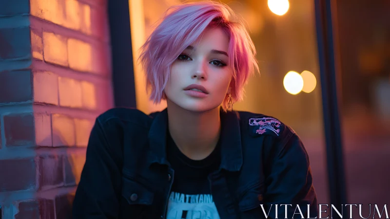 Neon alley daydreamer with pastel punk hair and soft firelight.