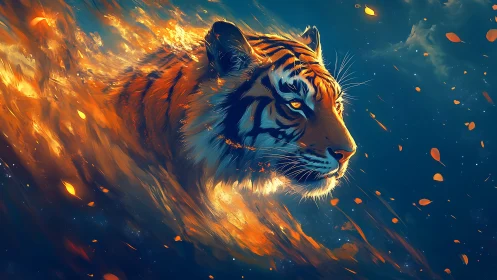 Tiger head emerges through flowing fire-like brushstrokes