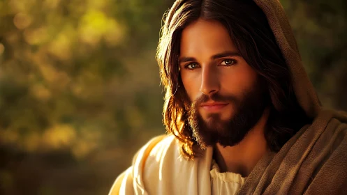 Golden-hour bearded figure in robe under soft shallow focus lighting.