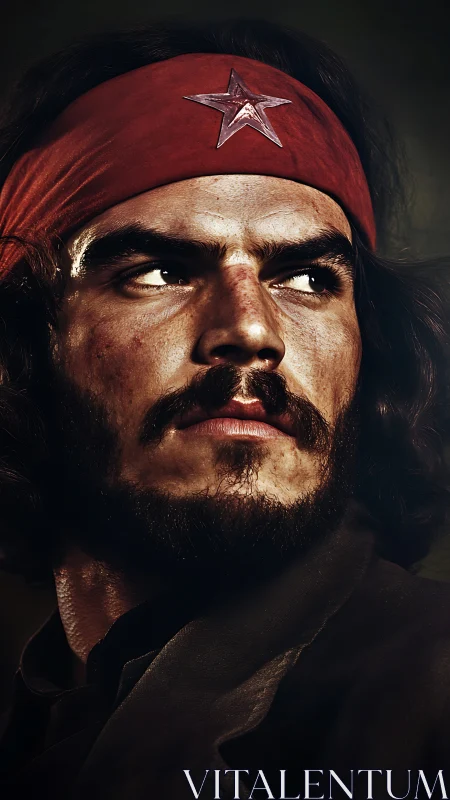 Cinematic close-up of rugged man in red star headband