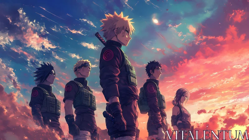 Anime squad silhouettes under vivid sunset sky horizon.