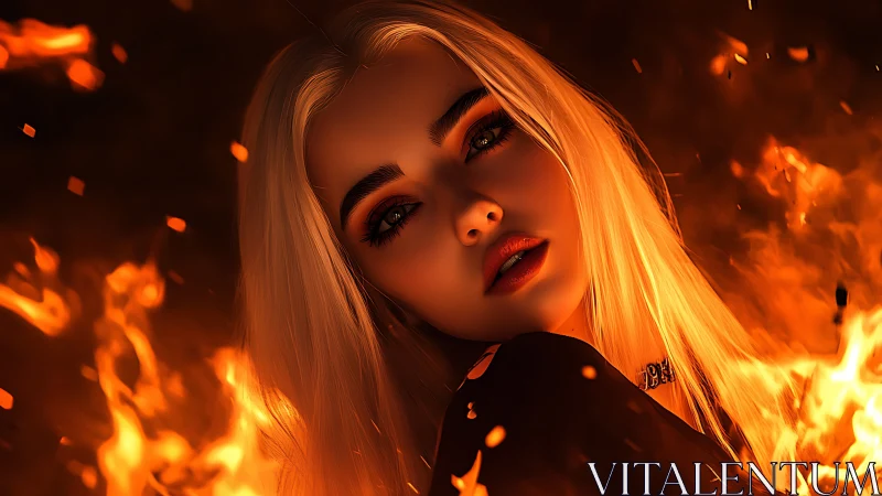 Portrait rendered with flame effects and orange color grading.