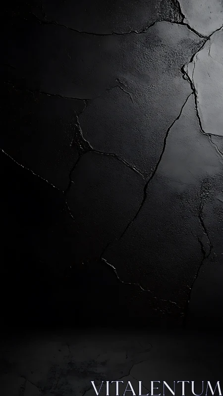 Cracked black concrete wall catches side light and shadow