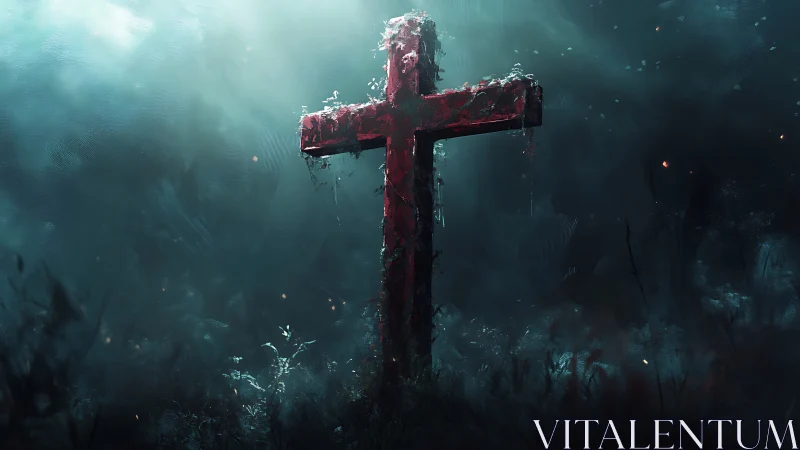 Weathered crimson cross glowing softly in misty twilight.