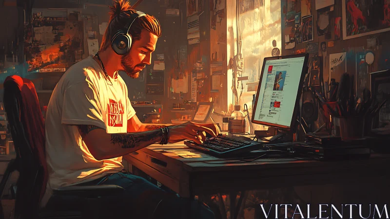 Digital artist at workstation in warm cinematic backlight.