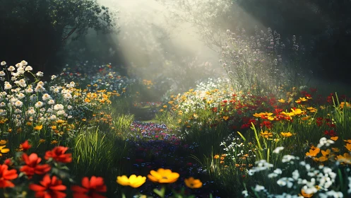 Sunlit wildflower lane where morning quietly hums awake.