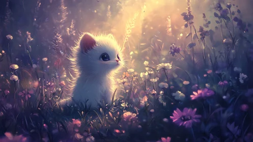 White Kitten Glowing in Ethereal Flower Garden.