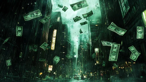 Dollar storms tumble through neon canyons of a drenched city