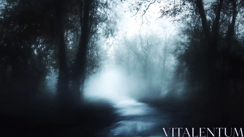 Foggy forest waterway with silhouetted winter trees at dawn.
