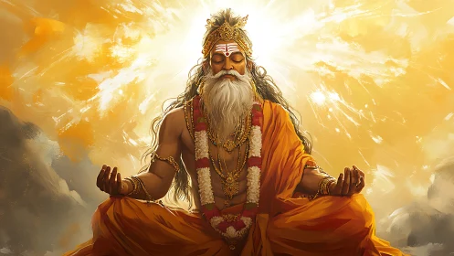 Radiant saffron-robed sage meditating in luminous golden aura