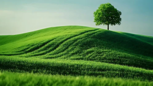 Isolated deciduous tree atop wind-sculpted grassy hillside