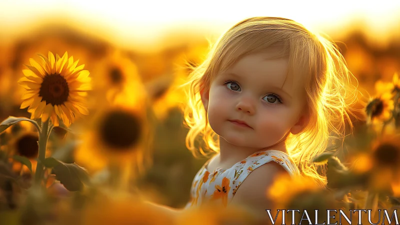 Child in Golden Sunflower Field at Sunset
