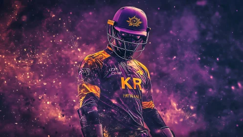 Neon purple cricket warrior stands in blazing cosmic haze.